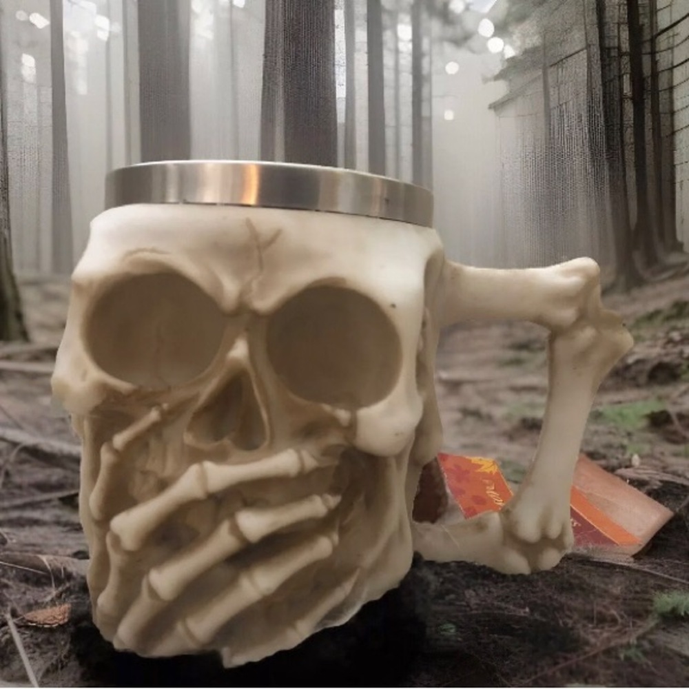 14 oz Stainless Steel Coffee Mug with Skull & Bones Design, Halloween Drink ware